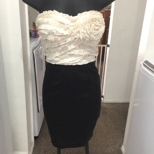 Bebe cream and black ruffle rose cocktail dress
